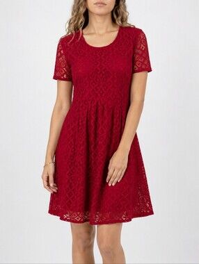 Burberry Brit Christy Red Lace Fit Flare Dress Short Sleeve Cotton Blend M